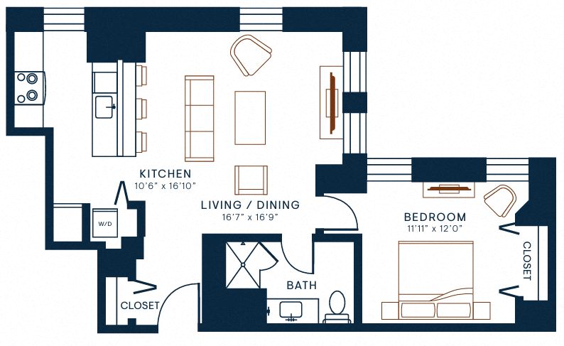 Floor plan for 1 bed, 1 bath, 879 sqft